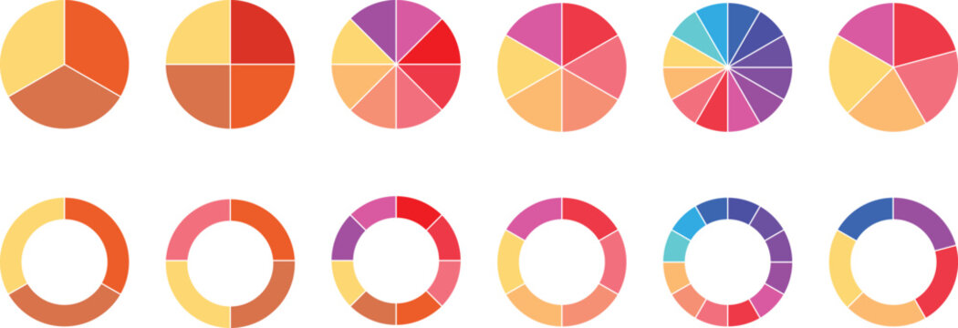 Pie charts diagrams, different circles, donut and pie chart infographic elements set, diagram collection with circular icons for info-graphic