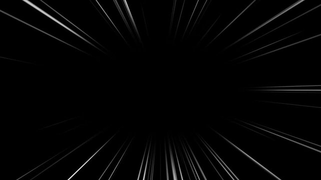 White speed lines isolated on black solid. Abstract zoom anime speed lines overlay animation. 
Radial Comic Light Speed Lines Moving. White speed lines isolated on black background. 