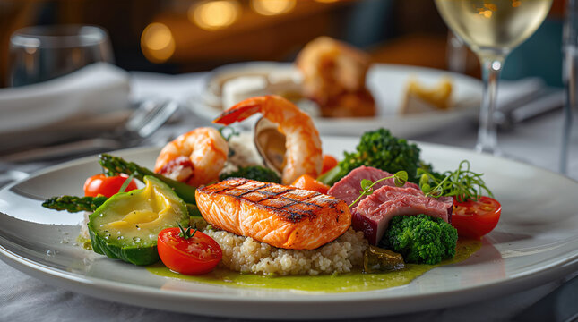 Healthy Gourmet Seafood Plate with Grilled Salmon, Shrimp, Avocado and Fresh Vegetables in Restaurant
