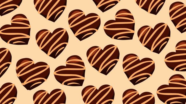 Seamless pattern featuring chocolate heart candies with decorative drizzle on a soft background. Perfect for Valentine&rsquo;s Day, romance themes, confectionery promotions, packaging, and looping motion