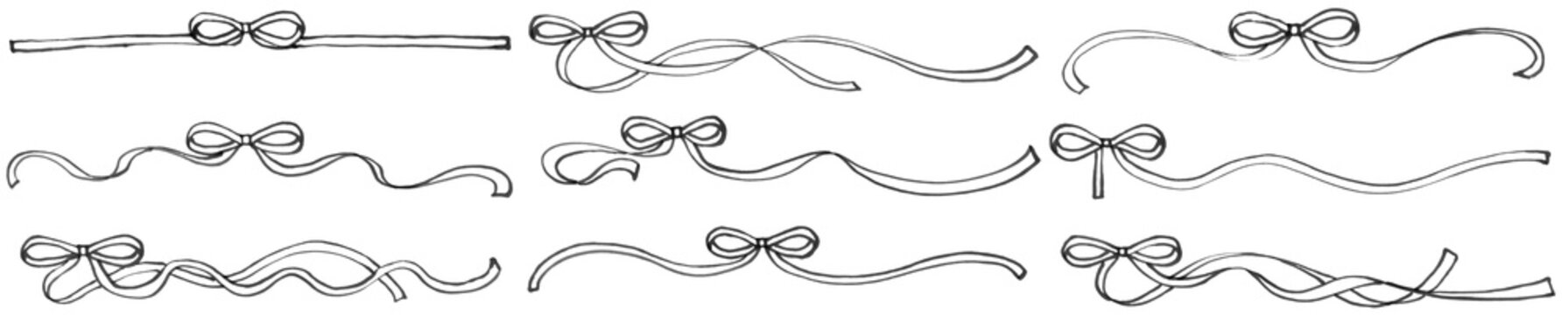 じんわりしたマーカーで描いた幅の狭いリボンラインセットモノクロ