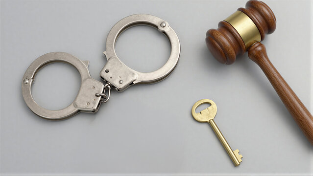 Handcuffs gavel and key symbolize justice law enforcement and legal