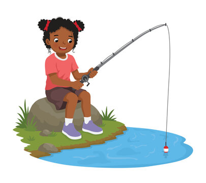 Little African girl fishing sitting on the rock holding a fishing rod at the river