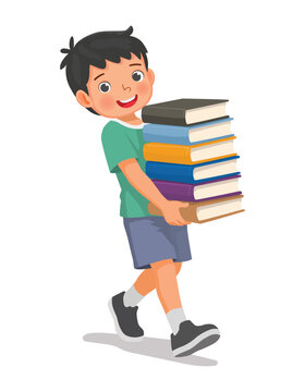 Little boy carrying a stack of books