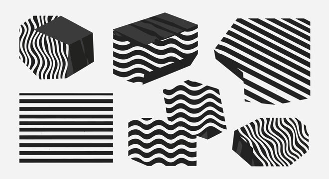 Abstract Geometric Shapes with Wave and Striped Patterns - Black and White
