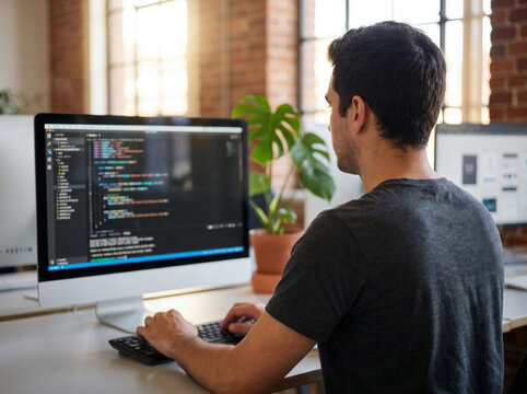 Software developer coding on desktop computer in modern office