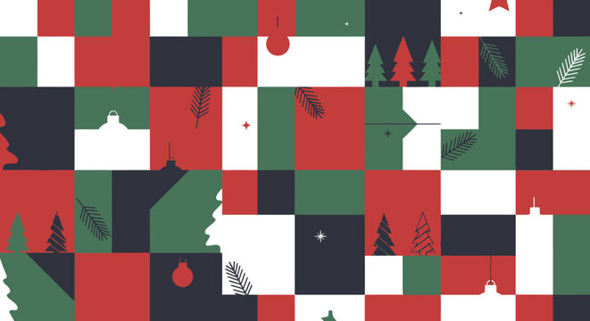 Abstract Christmas pattern mosaic with trees, baubles, and pine branches