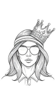 Queen Crown Sunglasses Illustration Transparent Background Line Art Style