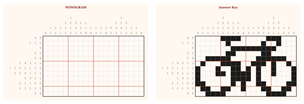 Nonogram pixel art bicycle design on graph paper for creative project  