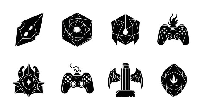 Video Game Icons: Dice, Controllers, Gems, and Fantasy Symbols