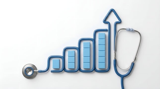 Ascending bar chart block with a medical stethoscope icon on top showing healthcare quality control improvements and medical finance growth trends