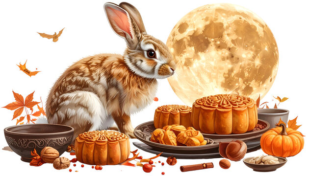 Rabbit Mooncakes and Autumn Leaves Festive Harvest Moon Illustration
