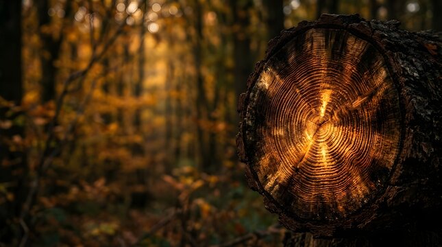 Glowing tree ring cross section in a soft focus autumn forest background