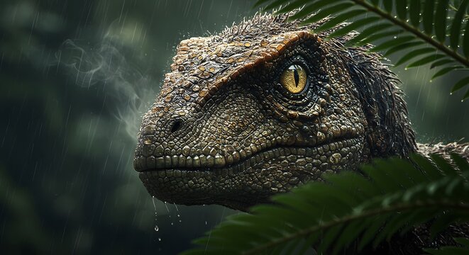 A detailed close-up of a velociraptor's head, its scales textured and eyes piercing, nestled amidst lush prehistoric foliage with mist or steam rising in the background