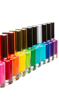 Rainbow Color Nail Polish Bottles Isolated Transparent Background Studio Shot