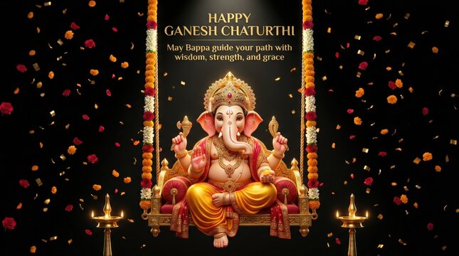 Ganesh chaturthi celebration greeting with lord ganesha seated on a decorated swing with traditional flowers and diyas on a black background for festive hindu religious festival digital card design