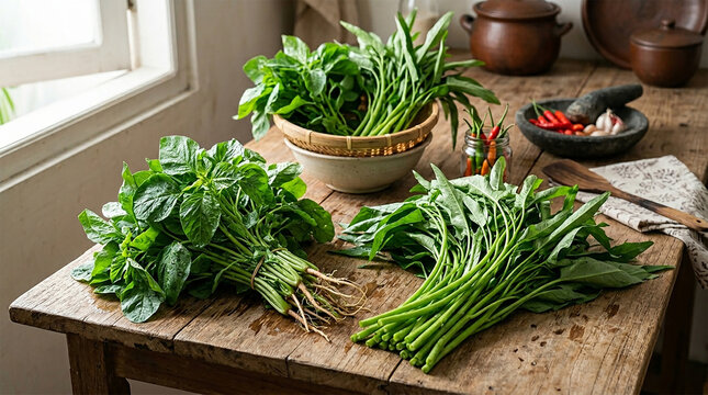 Fresh amaranth and water spinach on rustic wooden table in traditional kitchen