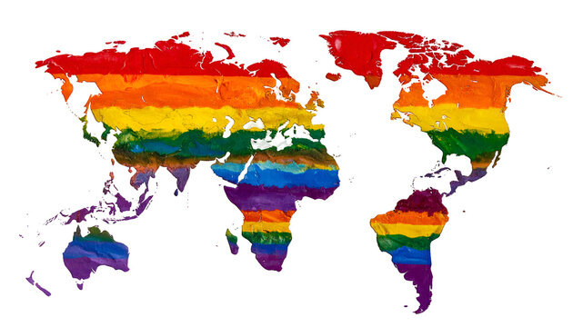 Rainbow Pride World Map Illustration with Textured Paint Strokes Isolated Transparent