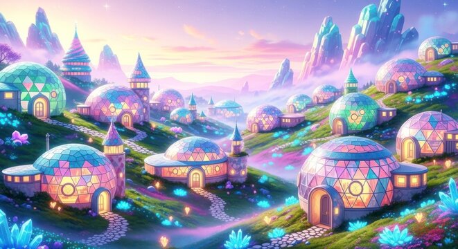 Paysage de village fantastique avec des d&ocirc;mes color&eacute;s et des collines ondulantes au coucher du soleil