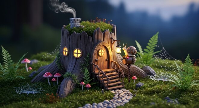 Illustration d'une maisonnette fantastique sur une souche d'arbre, avec une architecture fantaisiste et un d&eacute;cor forestier.