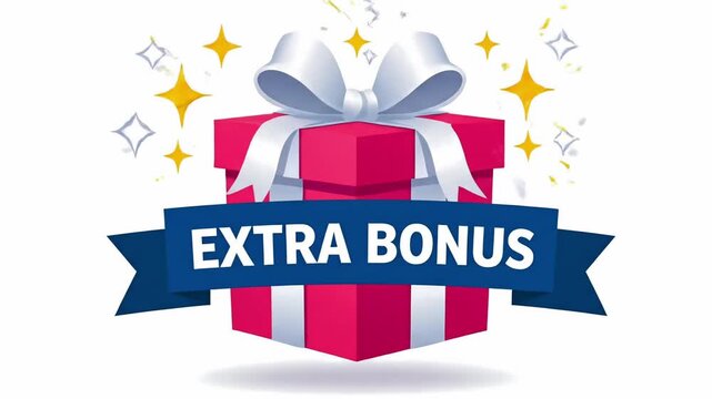 Gift box with extra bonus banner and sparkling stars on