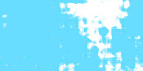 Obraz premium Bright blue sky halftone background. Fading retro comic gradient pattern. Pixelated dotted cloud texture overlay. Cartoon pop art grain backdrop for poster, banner, advertisement, brochure. Vector