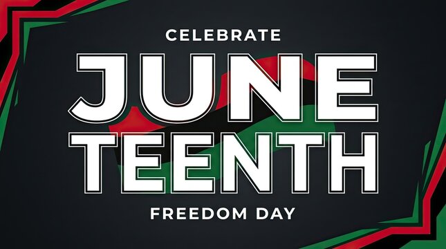 Celebrate juneteenth freedom day with bold white typography on a dark background featuring pan african flag colors red green