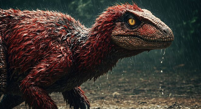 A fierce dinosaur with red feathers and yellow eyes is walking in the rain. The dinosaur is a theropod with sharp claws and a long tail.