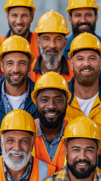 Dedicated Construction Workers Collaborating on a Steel Framework Under Cloudy Sky, Exuding Determination and Team Spirit