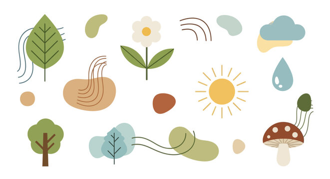 Abstract Nature Elements: Sun, Cloud, Rain, Flower, Leaf, Tree, Mushroom
