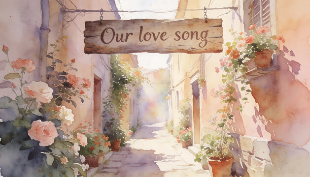 Watercolor Illustration of Romantic Flower Alley with Our Love Song Sign in a Sunlit European Street