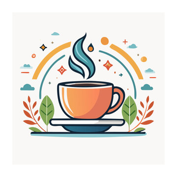 Flat design illustration of a steaming coffee cup on a saucer