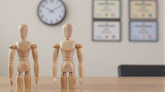 Two wooden mannequins stand on a desk symbolizing human potential and
