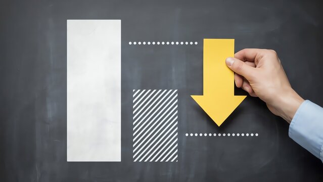 Hand placing yellow arrow down, illustrating financial decline, recession, loss, and business downturn.