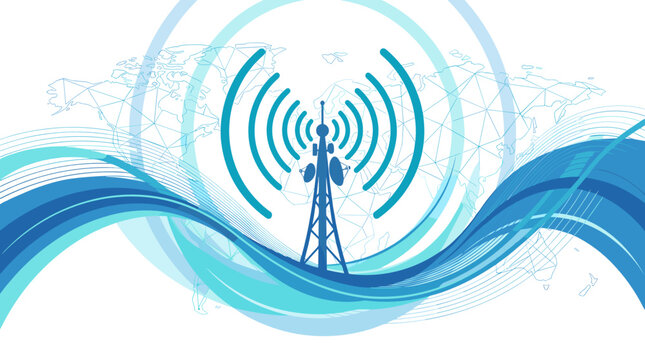Corporate abstract telecom waves, telecommunication tower emitting radio signal over world map background, symbolizing global connectivity concept