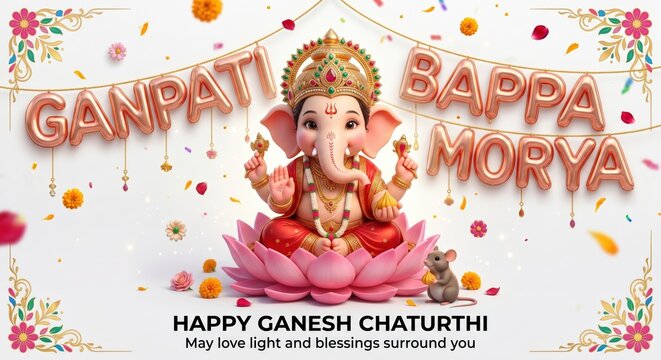 Ganesh chaturthi greeting card with lord ganesha seated on a lotus flower and metallic balloon lettering banner celebrating the auspicious hindu festival of ganpati bappa morya with floral accents