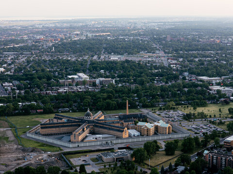 Aerial view of Bordeaux Prison in Montreal, Quebec, Canada, urban landscape at sunset. g.