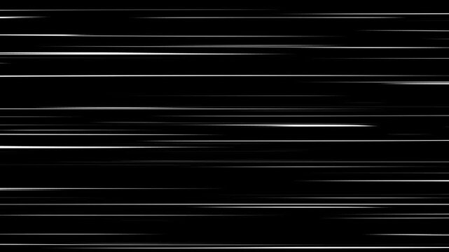 White anime speed lines comic motion on black. White horizontal anime manga speed lines over black background.
Right to Left speed lines moving with alpha channel. black anime background.