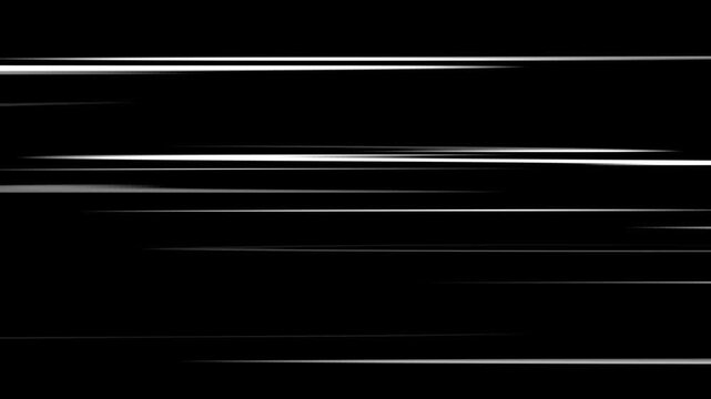 White anime speed lines comic motion on black. White horizontal anime manga speed lines over black background.
Right to Left speed lines moving with alpha channel. black anime background.