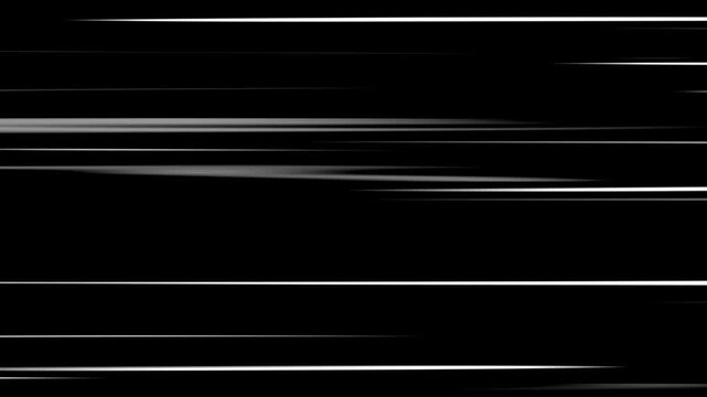 White anime speed lines comic motion on black. White horizontal anime manga speed lines over black background.
Right to Left speed lines moving with alpha channel. black anime background.