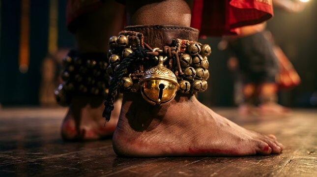 Close-up view of a traditional musical instrument known as ghungroo worn by a dancer on stage for classical performance