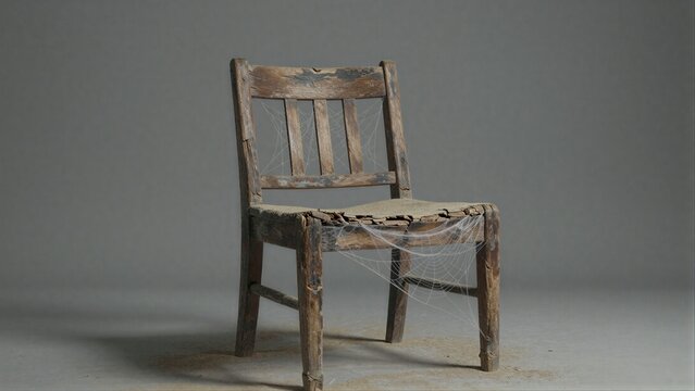 Worn wooden chair with spiderweb aged and forgotten against a plain