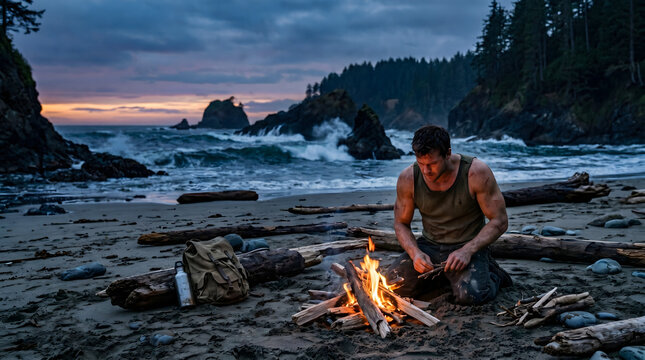 Muscular man building a campfire on a rugged beach at twilight, survivalist adventurer camping by the ocean with waves and forest background.