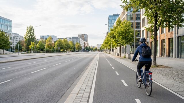 Woman Cycling on City Bike Lane Next to Modern Buildings