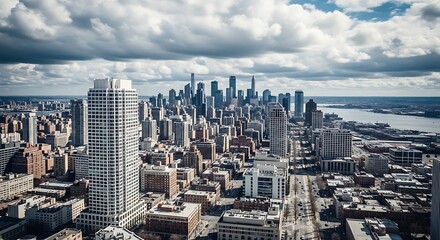 Obraz premium Aerial view of a large city with many tall buildings and a cloudy sky overhead