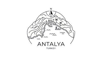 Obraz premium Antalya Turkey Cityscape Outline Illustration with Mountains and Sea