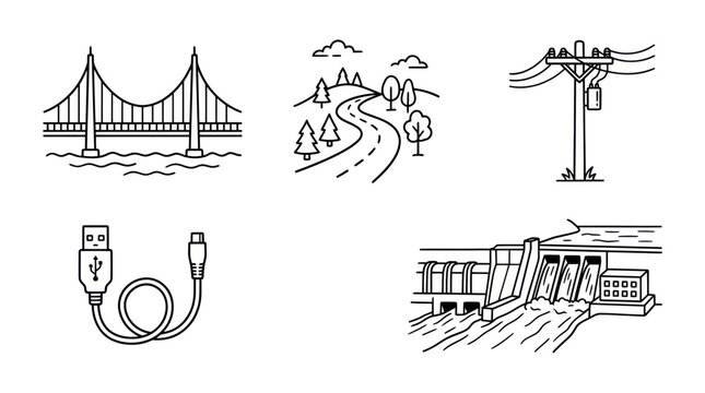Infrastructure icons: bridge, road, power pole, USB cable, dam