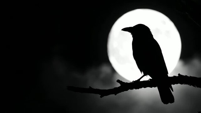 Silhouette of a raven perched on a branch against a bright full moon