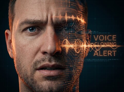 Man's face split between human and digital with voice cloning alert warning