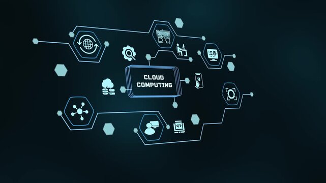 Abstract blue network of hexagonal nodes and digital icons illustrating concepts of global cloud computing services and technology data management.